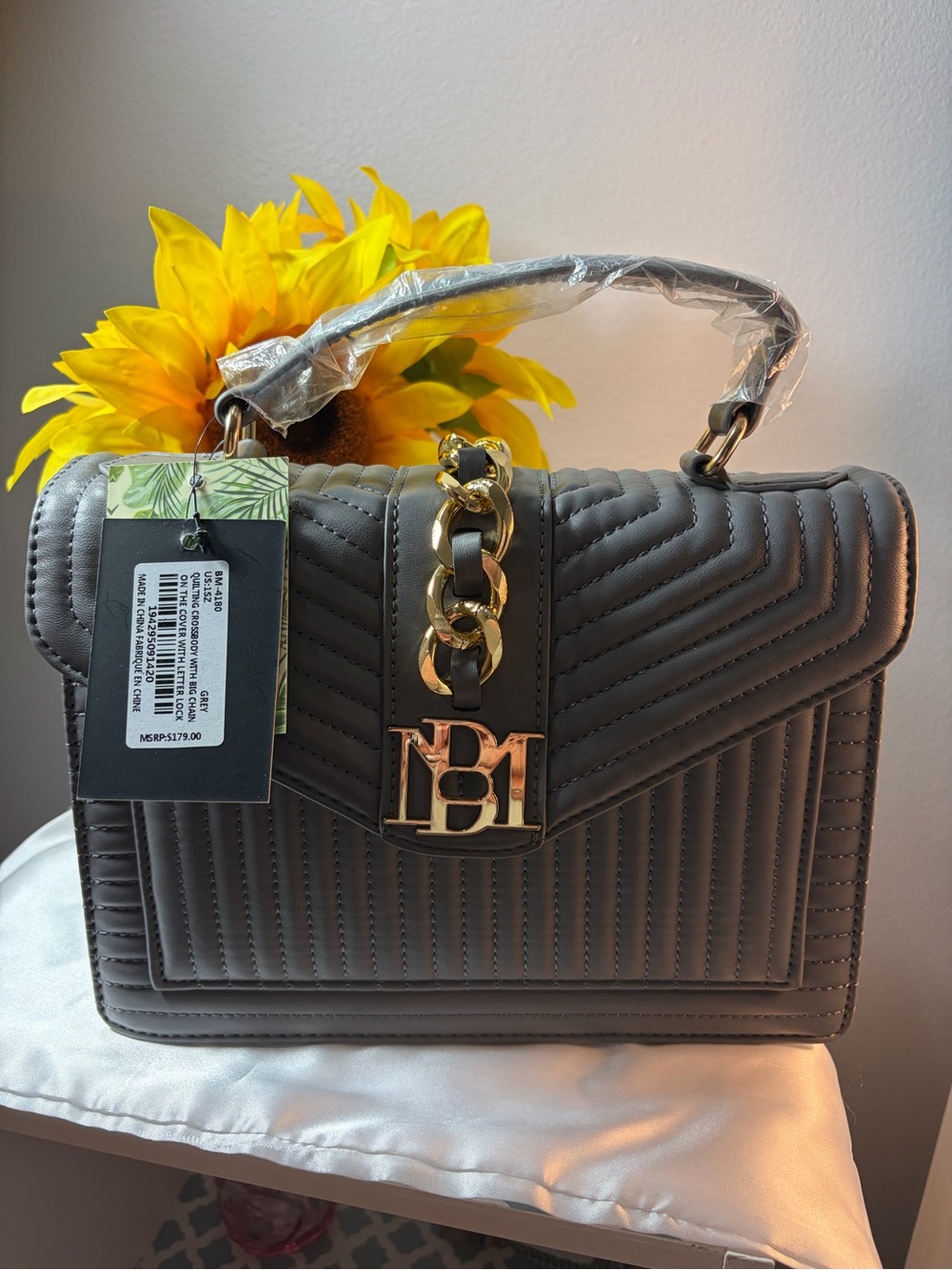 NWT Badgley Mischka Quilted Gray Satchel with Gold Hardware